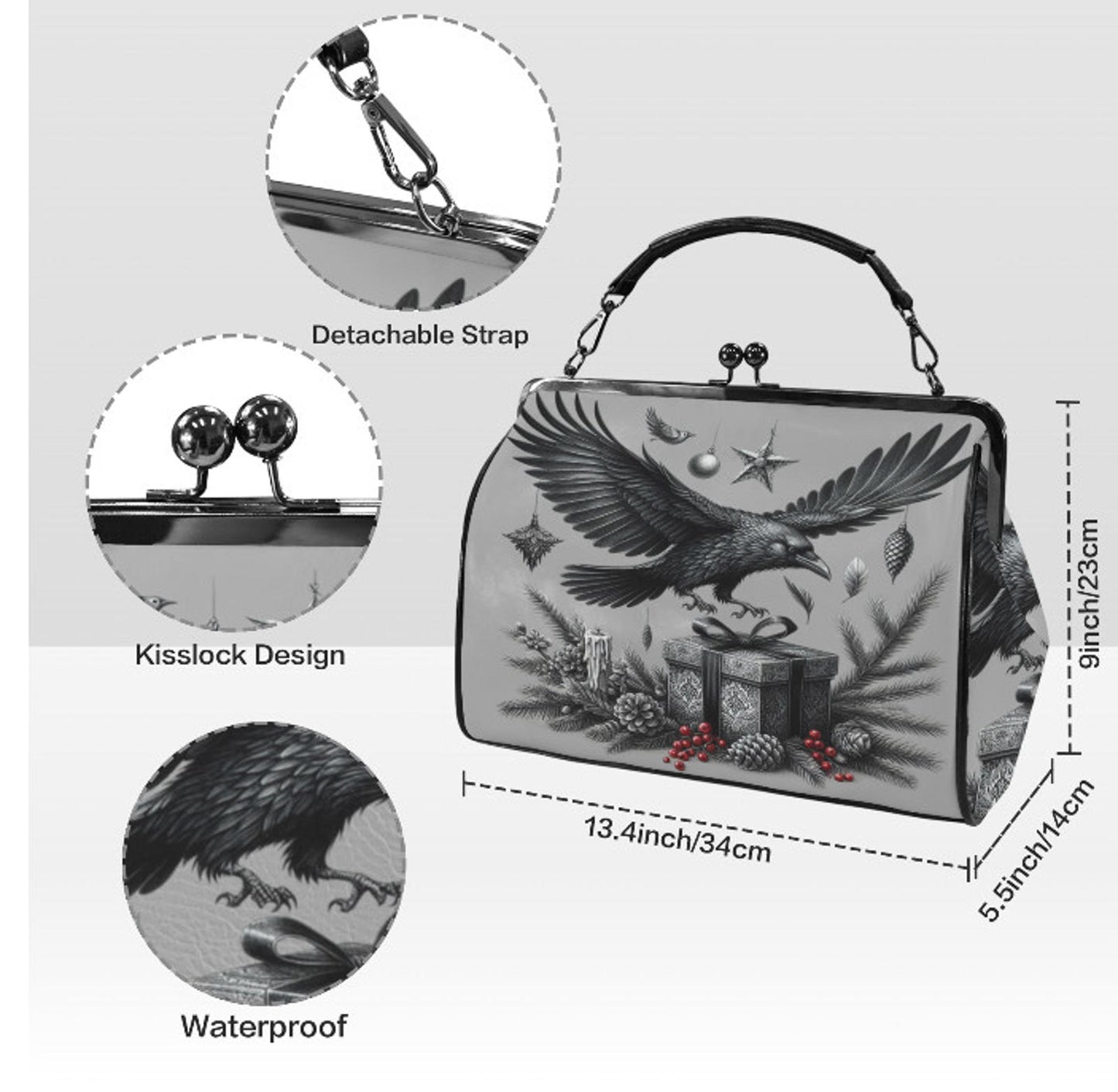 Gray Gothic Christmas Crow  Hand Shoulder Cross Body Bag Satchel 9 x 13 Gift Kisslock