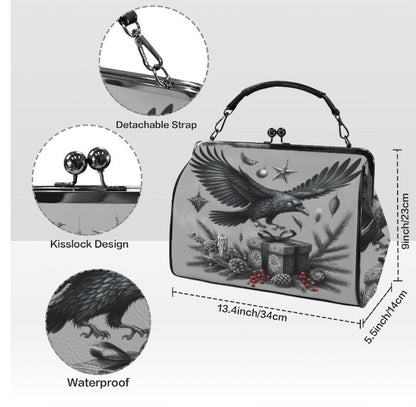 Gray Gothic Christmas Crow  Hand Shoulder Cross Body Bag Satchel 9 x 13 Gift Kisslock
