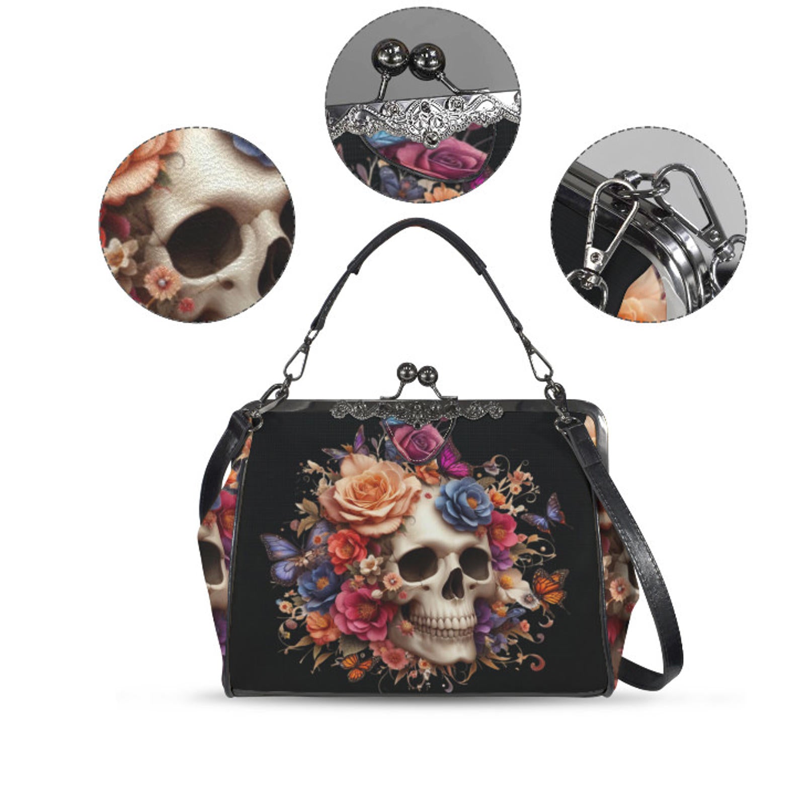 Sugar Skull Day of the Dead Halloween Floral Shoulder Cross Body Bag Satchel NEW Kisslock
