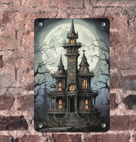 Vintage Spooky Victorian Haunted House Metal Sign Halloween Wall Decor 8x12 Unbranded