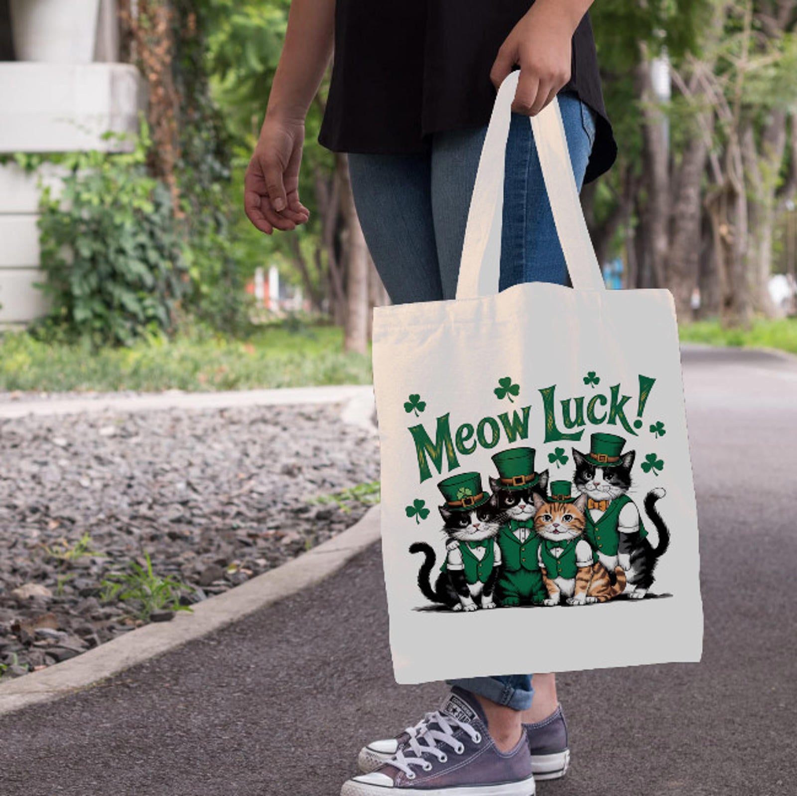 St. Patrick's Day Irish Meow Luck Cats Tuxedo  Print Shoulder Tote Bag 15" X 15" TerrificTrend