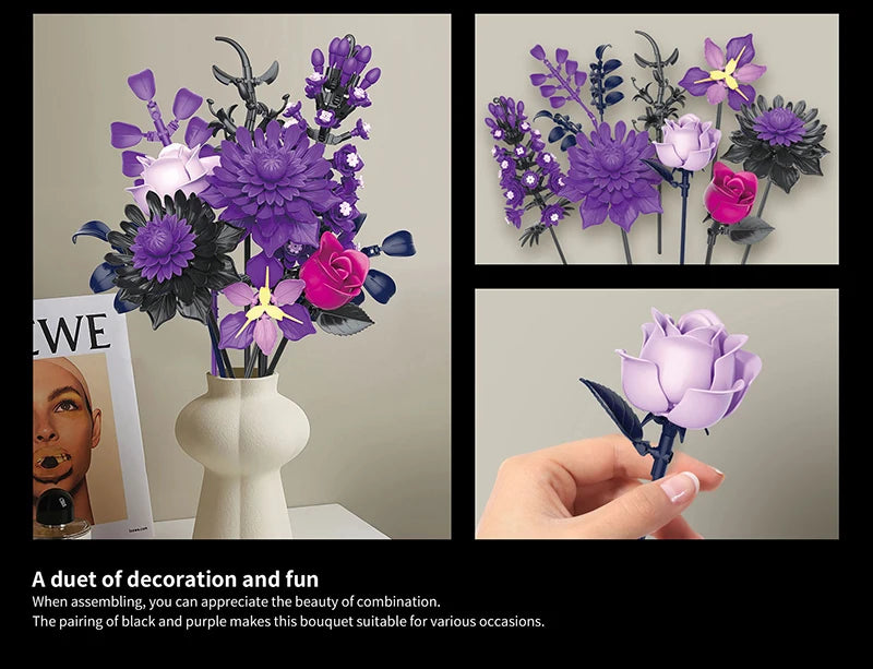 BuildMOC Purple Rose Botanical Building Block Set,Gothic Decor Artificial Rose Flower Bouquet Model Toys Valentines Day Gifts terrifictrend