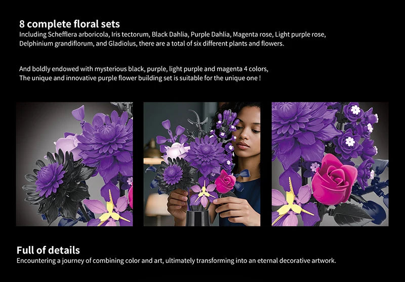 BuildMOC Purple Rose Botanical Building Block Set,Gothic Decor Artificial Rose Flower Bouquet Model Toys Valentines Day Gifts terrifictrend
