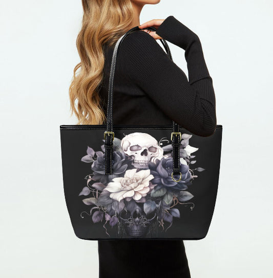 Custom Tote Hand Shoulder Bag 12 X 15 Gothic Black White Dark Flowers & Skull Terrifictrend