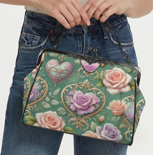 Victorian Vintage Valentine Pastel Rose  Shoulder Cross Body Hand Bag Satchel Kisslock