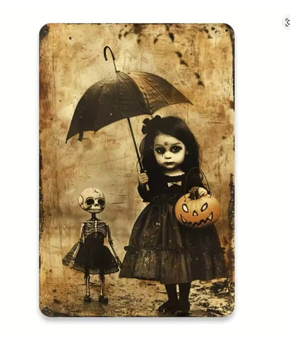 Victorian Creepy Child Skeleton Metal Sign Halloween Wall Decor 8x12 NEW Unbranded