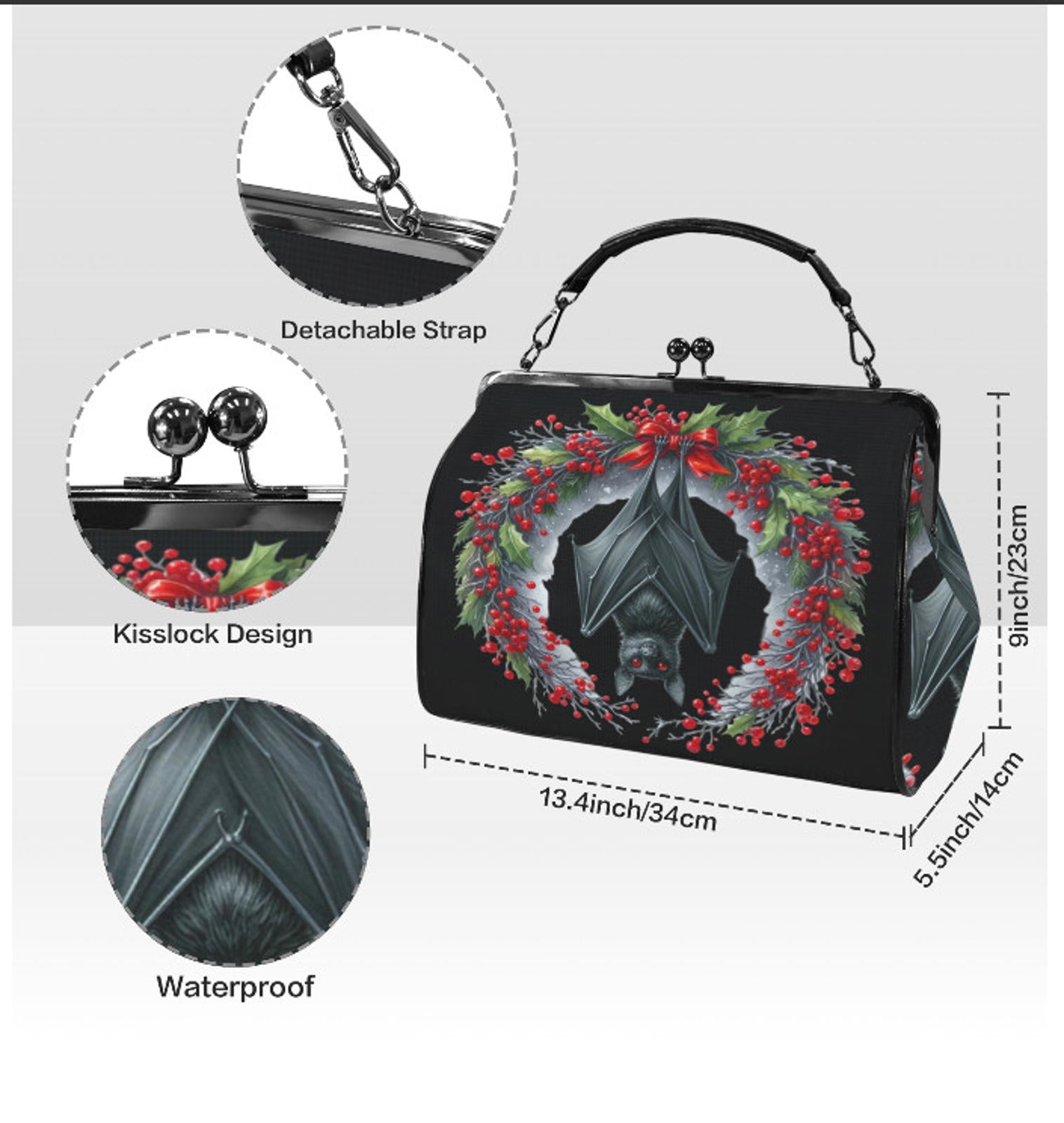 Gothic Christmas Bat Wreath Hand Shoulder Cross Body Bag Satchel 9 x 13 Gift Kisslock
