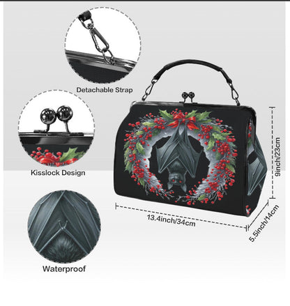 Gothic Christmas Bat Wreath Hand Shoulder Cross Body Bag Satchel 9 x 13 Gift Kisslock