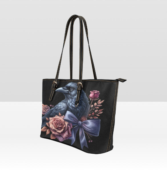 Custom Tote Hand Shoulder Bag 12 X 15 Gothic Crow Purple Pink Flowers Halloween Terrifictrend