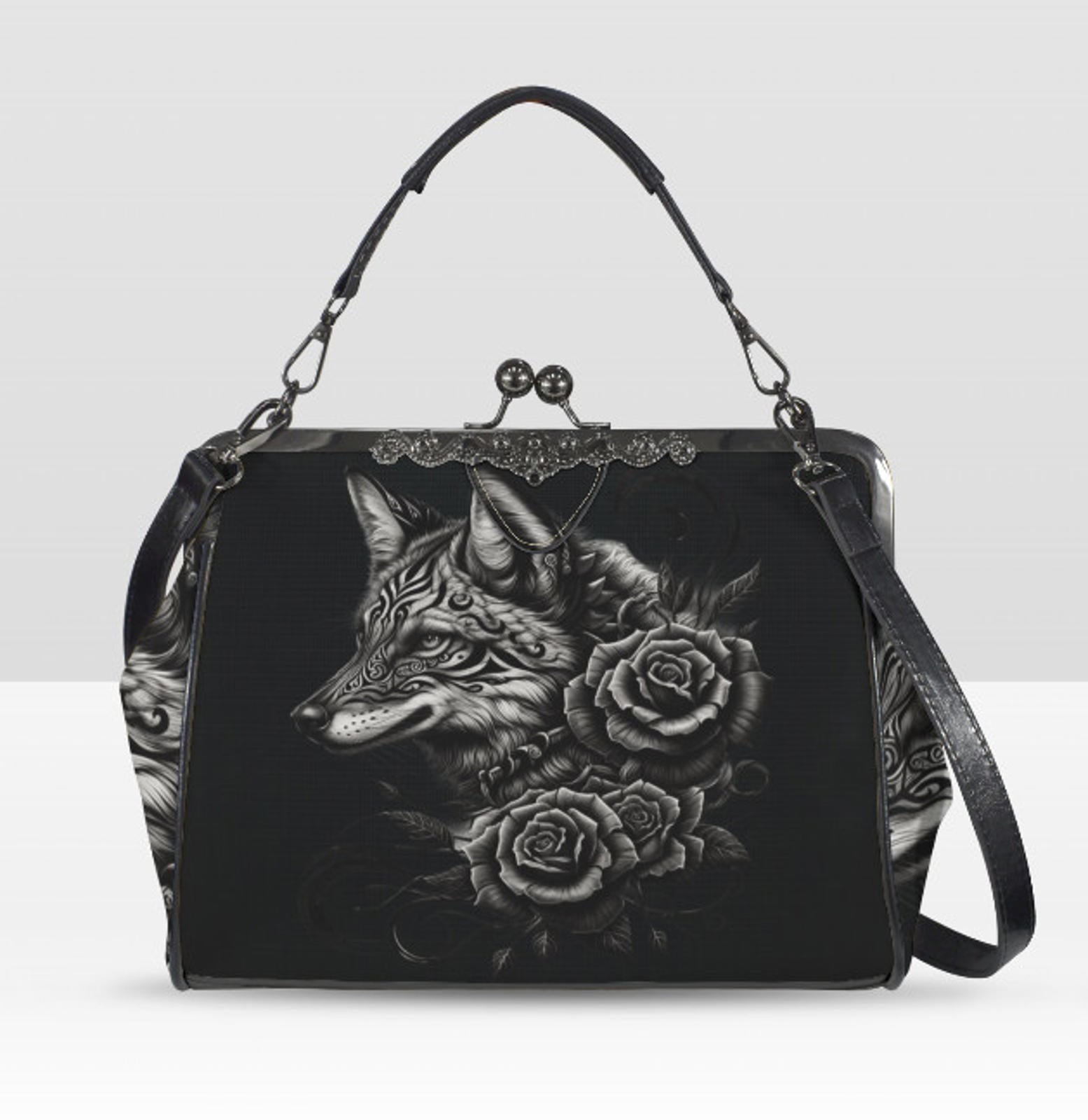 Dark Victorian Gothic Art Fox Wolf with Flowers Shoulder Cross Body Bag Satchel Kisslock