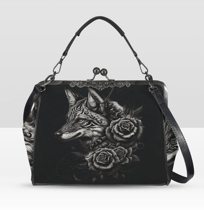 Dark Victorian Gothic Art Fox Wolf with Flowers Shoulder Cross Body Bag Satchel Kisslock