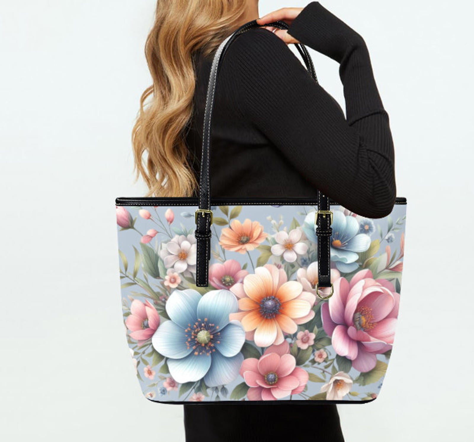 Custom Tote Hand Shoulder Bag 12 X 15 Spring Pink Blue Peach Flowers Gift Idea Terrifictrend
