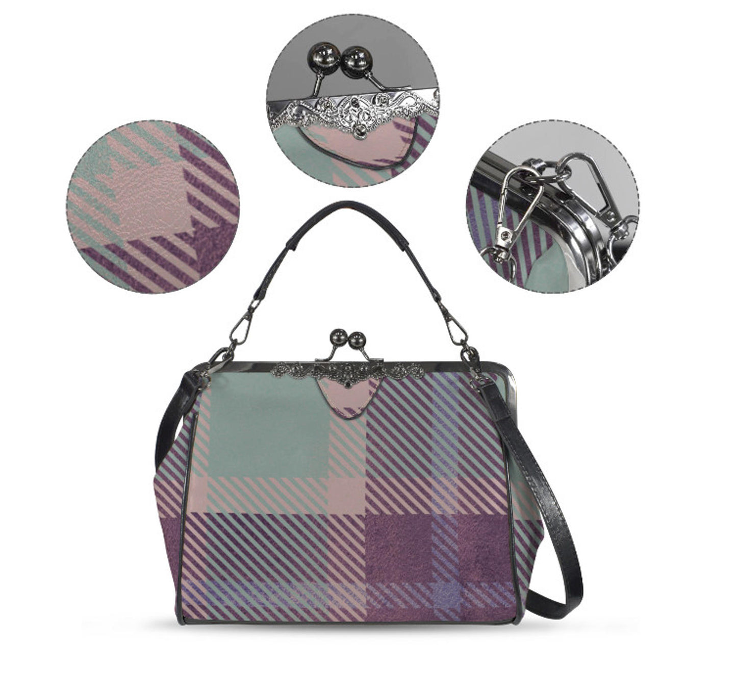 Lavender Purple Sage Plaid Print Shoulder Cross Body Bag Satchel Holiday Gift Kisslock