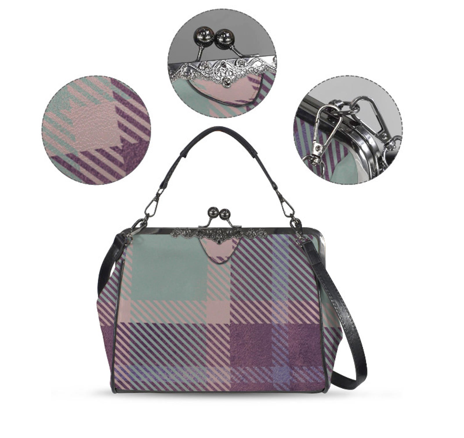 Lavender Purple Sage Plaid Print Shoulder Cross Body Bag Satchel Holiday Gift Kisslock