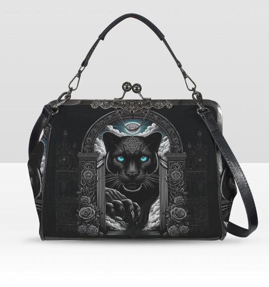 Dark Victorian Gothic Art Black Panther Gate   Shoulder Cross Body Bag Satchel Kisslock