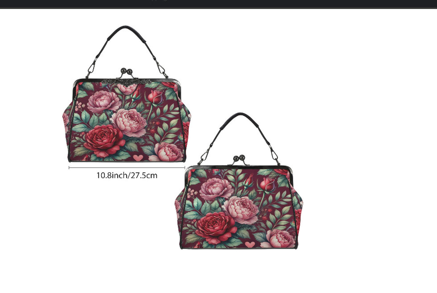 Victorian Valentine Red Pink Flowers Heart Shoulder Cross Body Hand Bag Satchel Kisslock