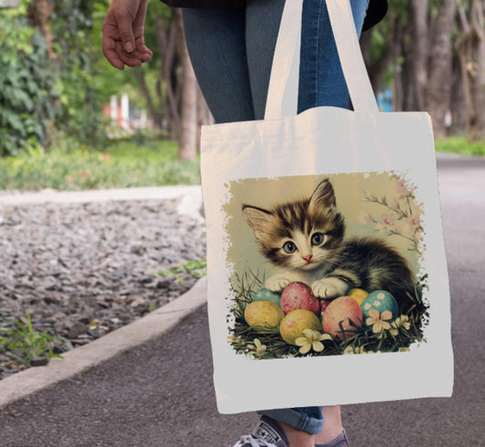 Vintage Easter Kitten Eggs Spring Flowers Canvas Shoulder Tote Bag 15" X 15" TerrificTrend