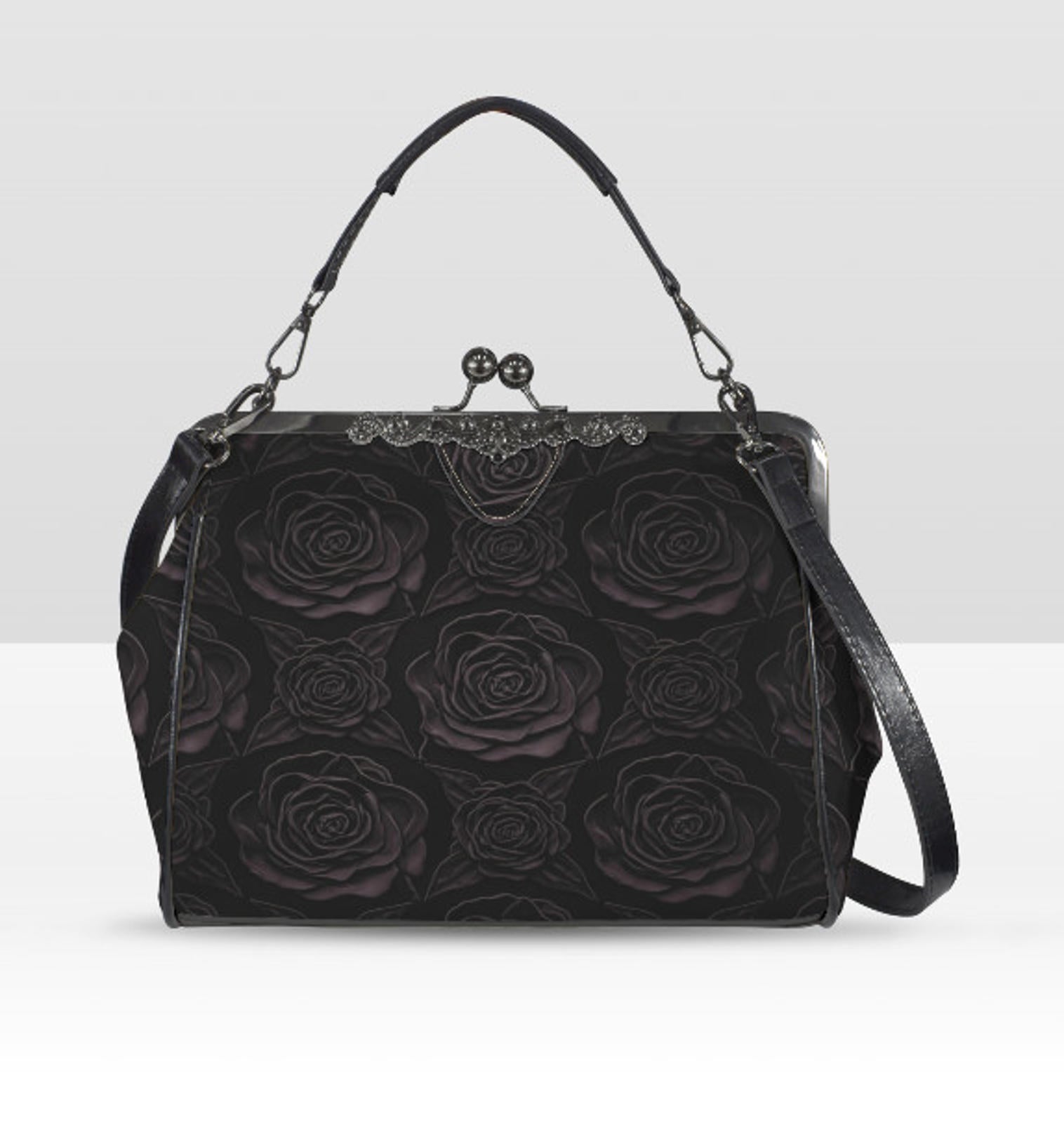 Victorian Vintage Gothic Black Rose Shoulder Cross Body Hand Bag Satchel Kisslock