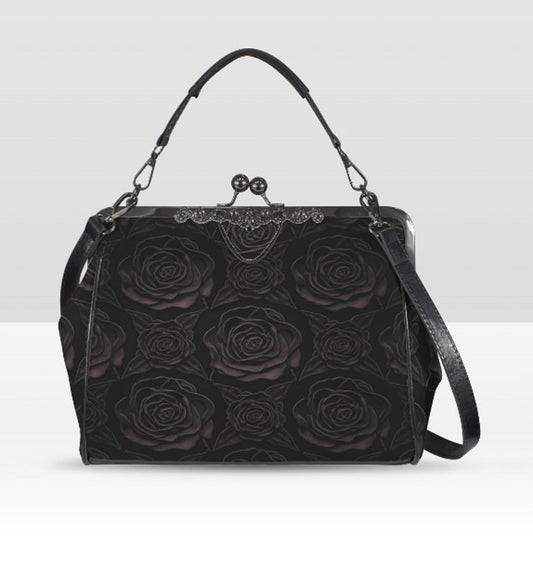 Victorian Vintage Gothic Black Rose Shoulder Cross Body Hand Bag Satchel Kisslock