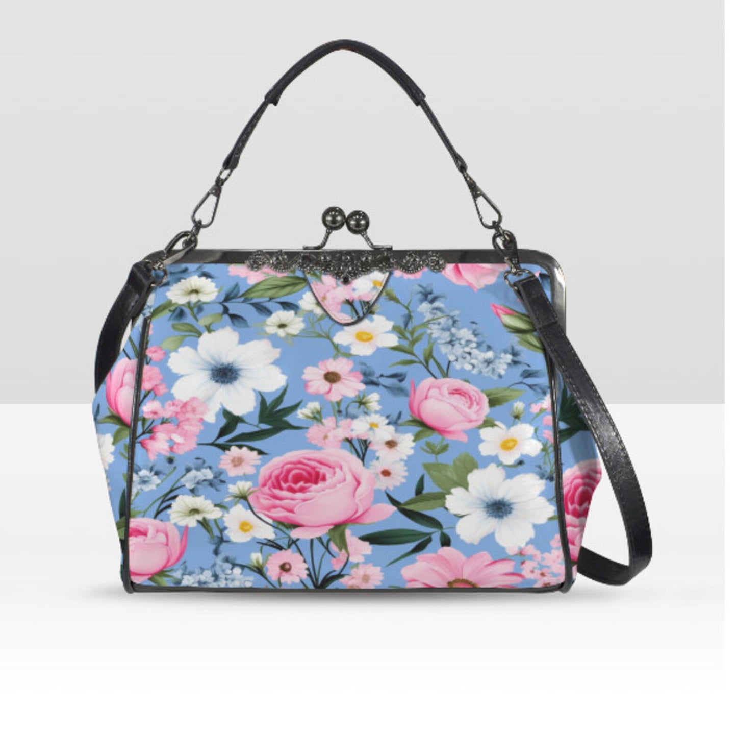 Flowers Blue Blue Pink Spring Summer Art Shoulder Cross Body Bag Satchel NEW Kisslock