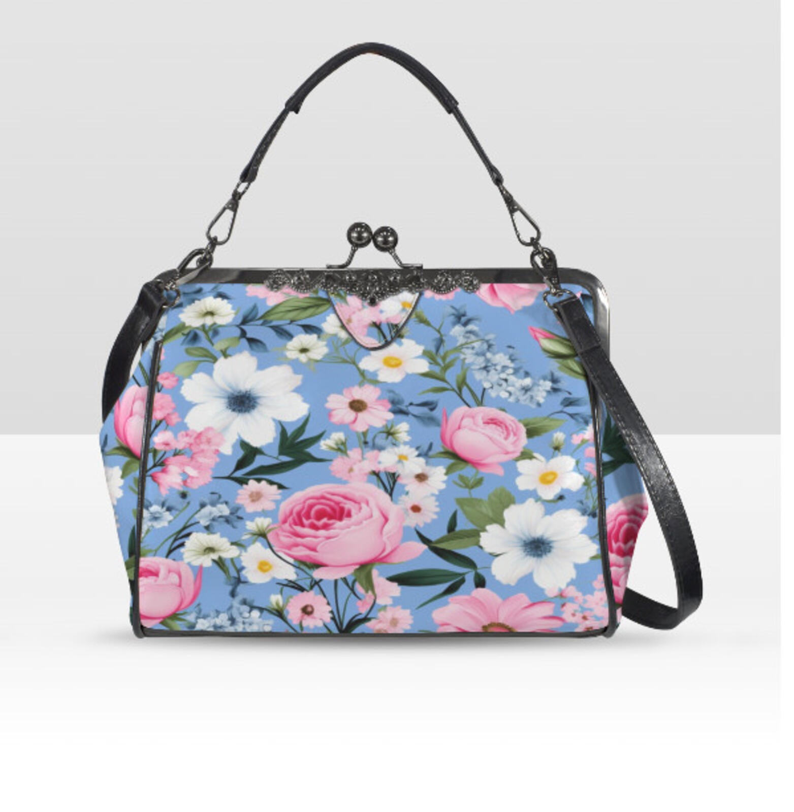 Flowers Blue Blue Pink Spring Summer Art Shoulder Cross Body Bag Satchel NEW Kisslock