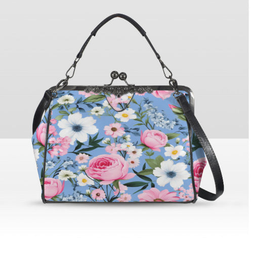 Flowers Blue Blue Pink Spring Summer Art Shoulder Cross Body Bag Satchel NEW Kisslock
