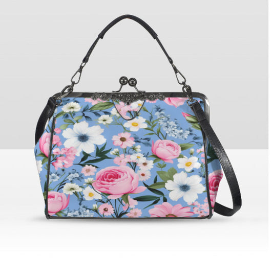 Flowers Blue Blue Pink Spring Summer Art Shoulder Cross Body Bag Satchel NEW Kisslock