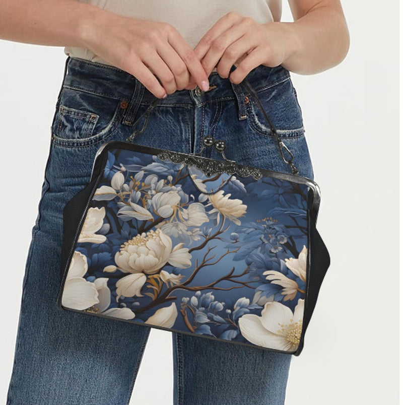 Winter Brown White Flowers Shoulder Cross Body Bag Satchel Christmas Gift Kisslock