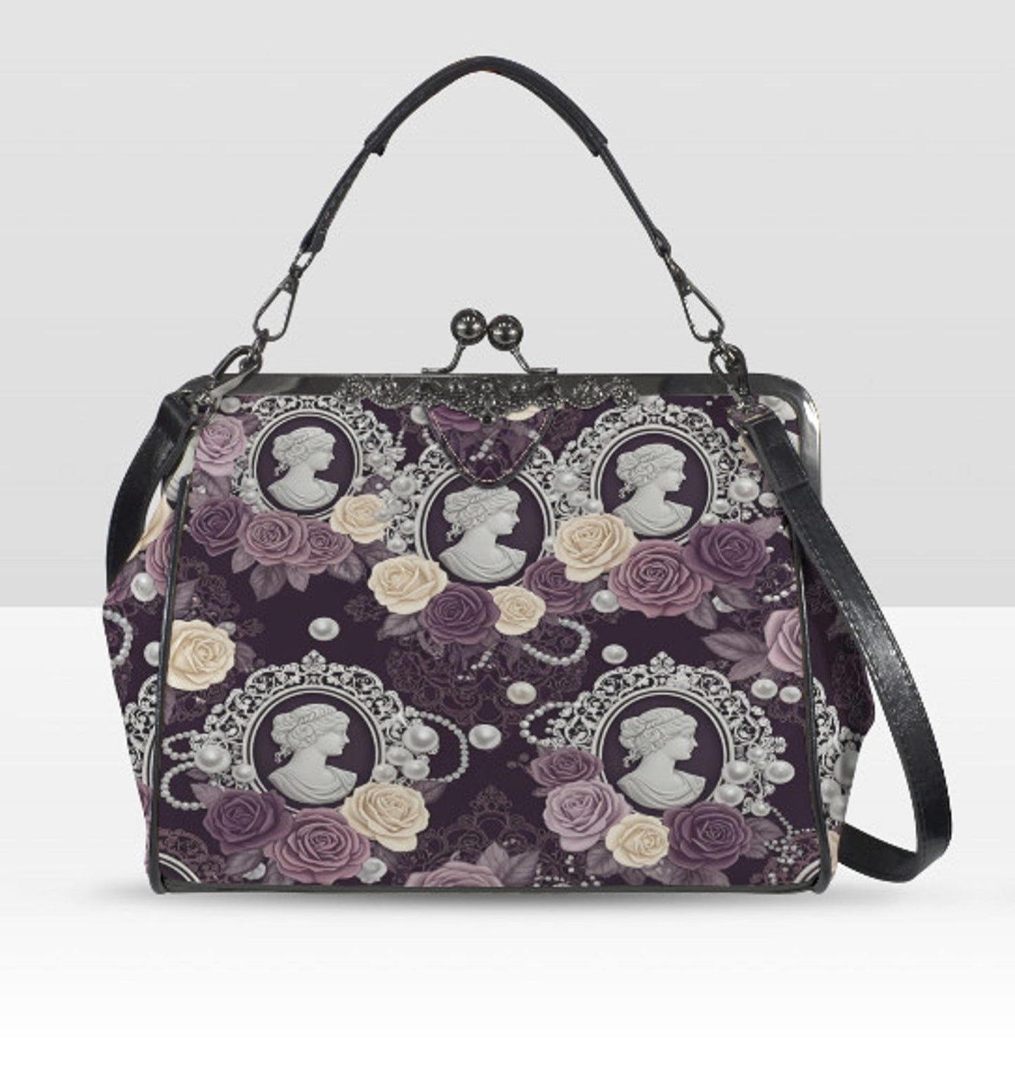 Victorian Cameo Gothic Purple Lavender Rose Shoulder Cross Body Hand Bag Satchel Kisslock