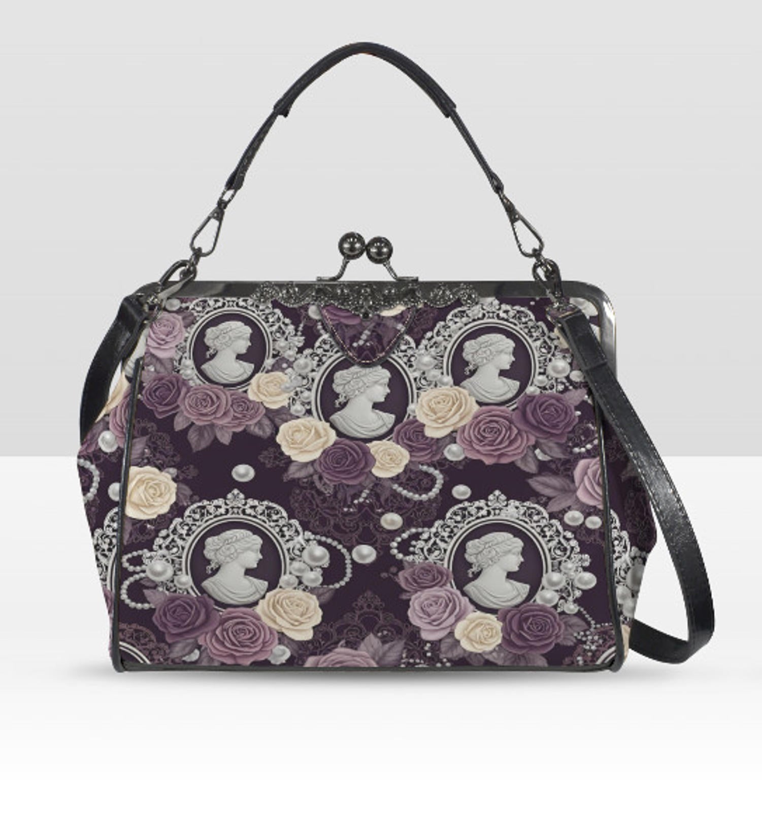 Victorian Cameo Gothic Purple Lavender Rose Shoulder Cross Body Hand Bag Satchel Kisslock