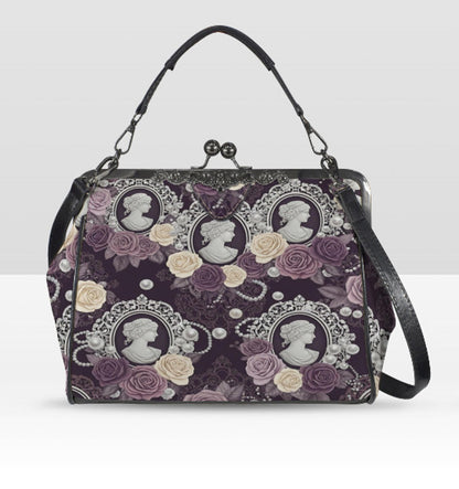 Victorian Cameo Gothic Purple Lavender Rose Shoulder Cross Body Hand Bag Satchel Kisslock