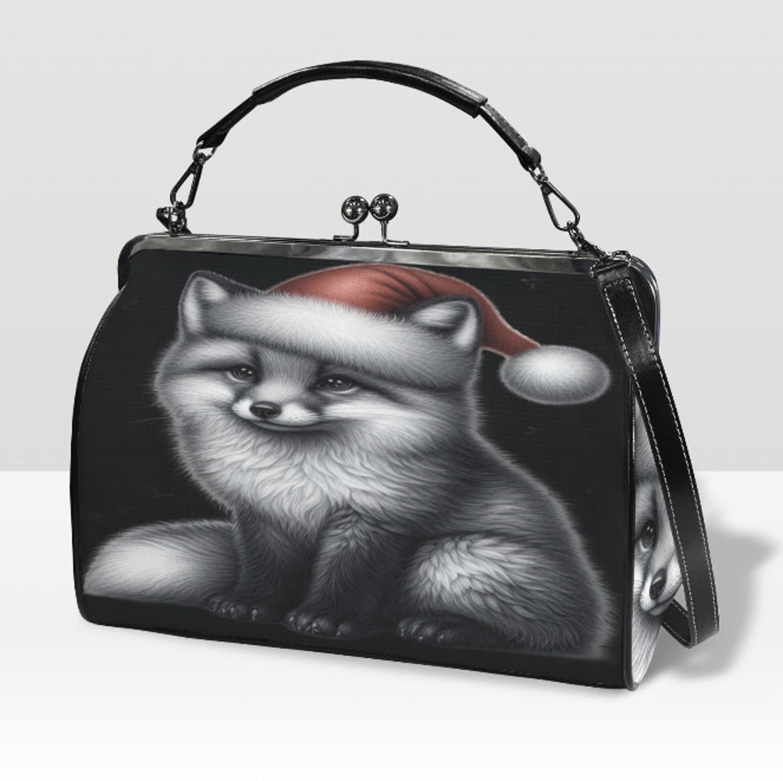 Gothic Christmas Fox Santa Hat Hand Shoulder Cross Body Bag Satchel 9 x 13 Gift Kisslock