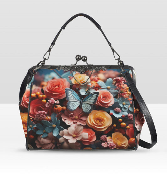 Spring Flowers Butterfly Art Design Shoulder Cross Body Bag Satchel Mother's Day Kisslock