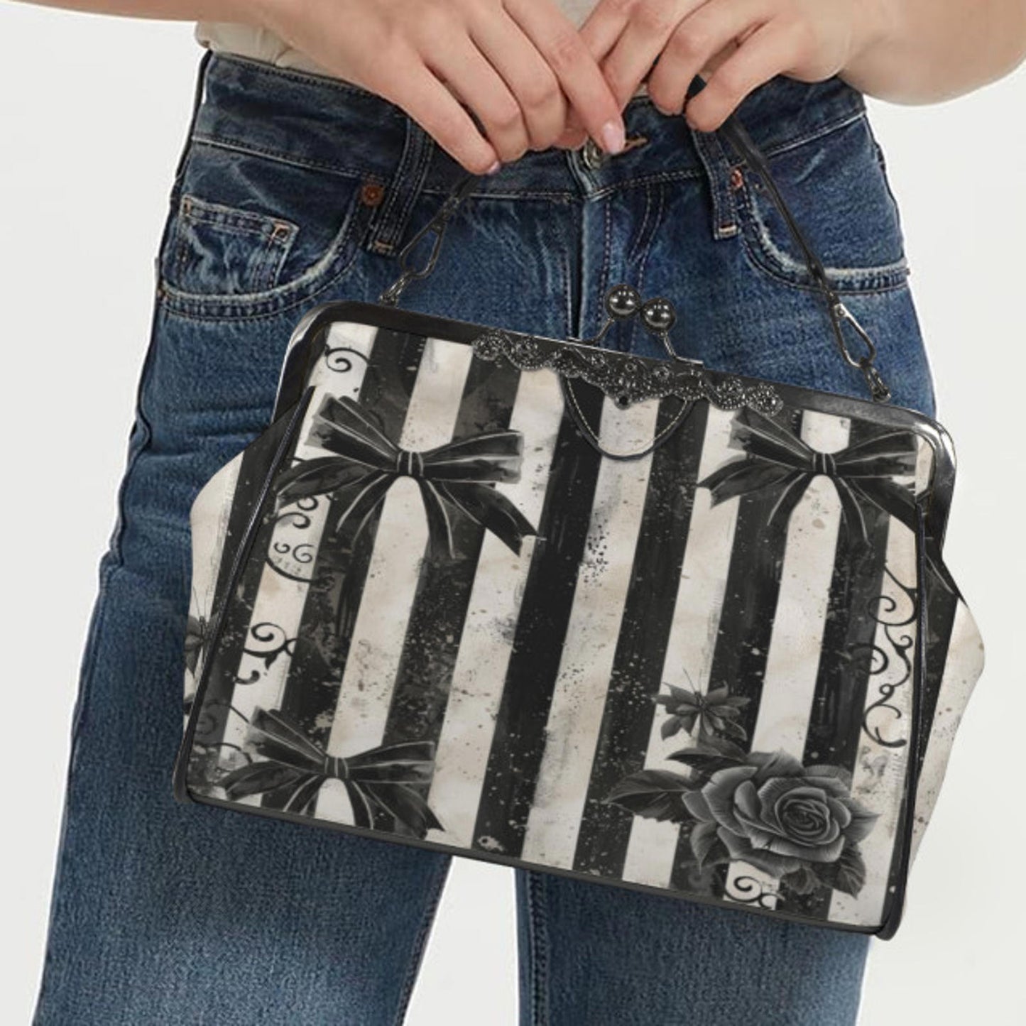 Gothic Horror Black White Dirty Stripe Shoulder Cross Body Bag Satchel Holiday Kisslock