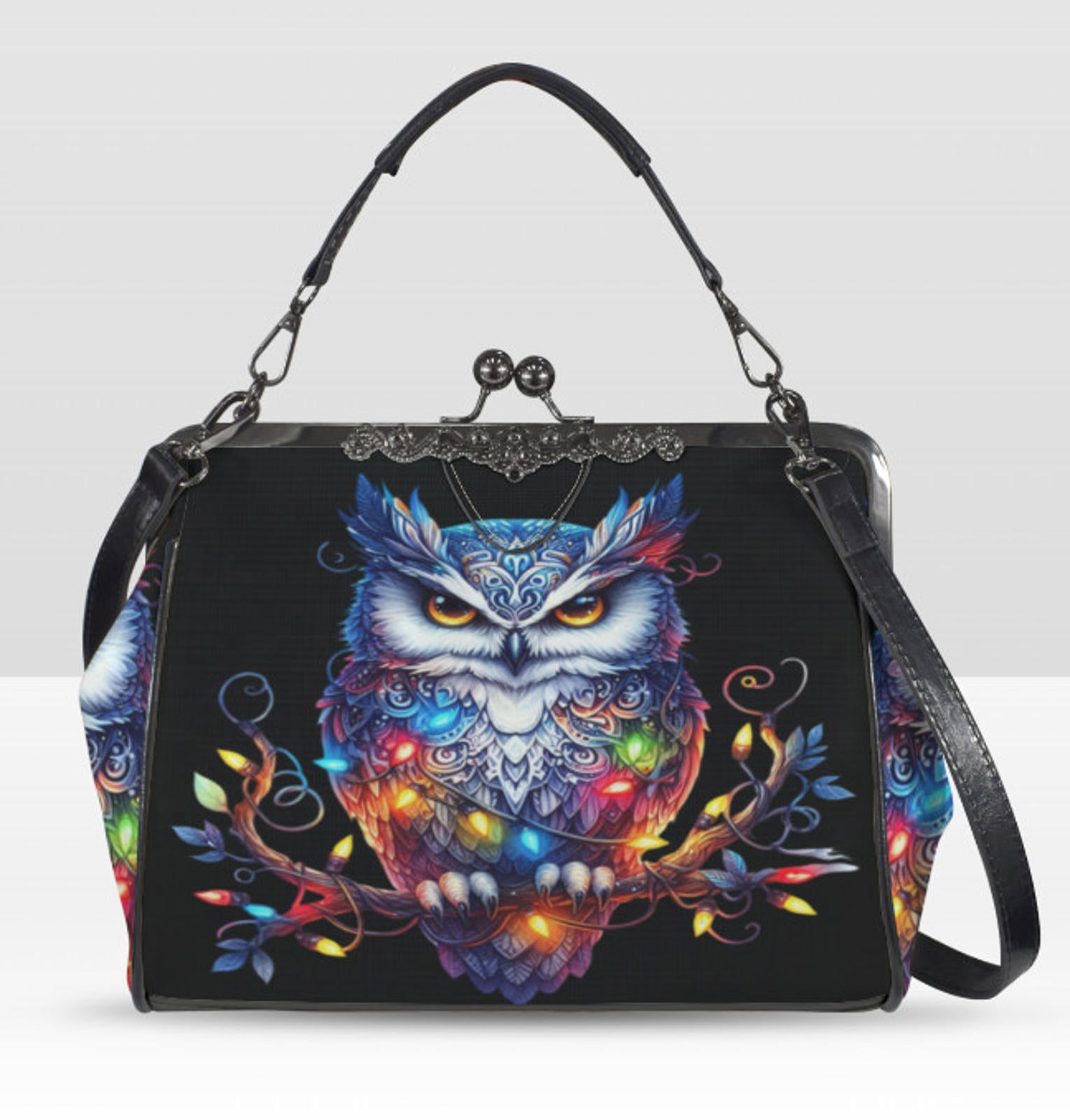 Gothic Victorian Christmas Owl w/Lights  Holiday Shoulder Cross Body Bag Satchel Kisslock