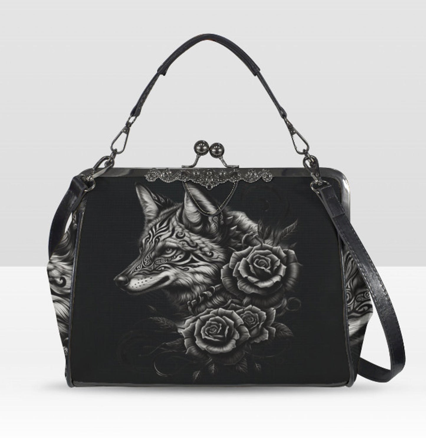Dark Victorian Gothic Art Fox Wolf with Flowers Shoulder Cross Body Bag Satchel Kisslock