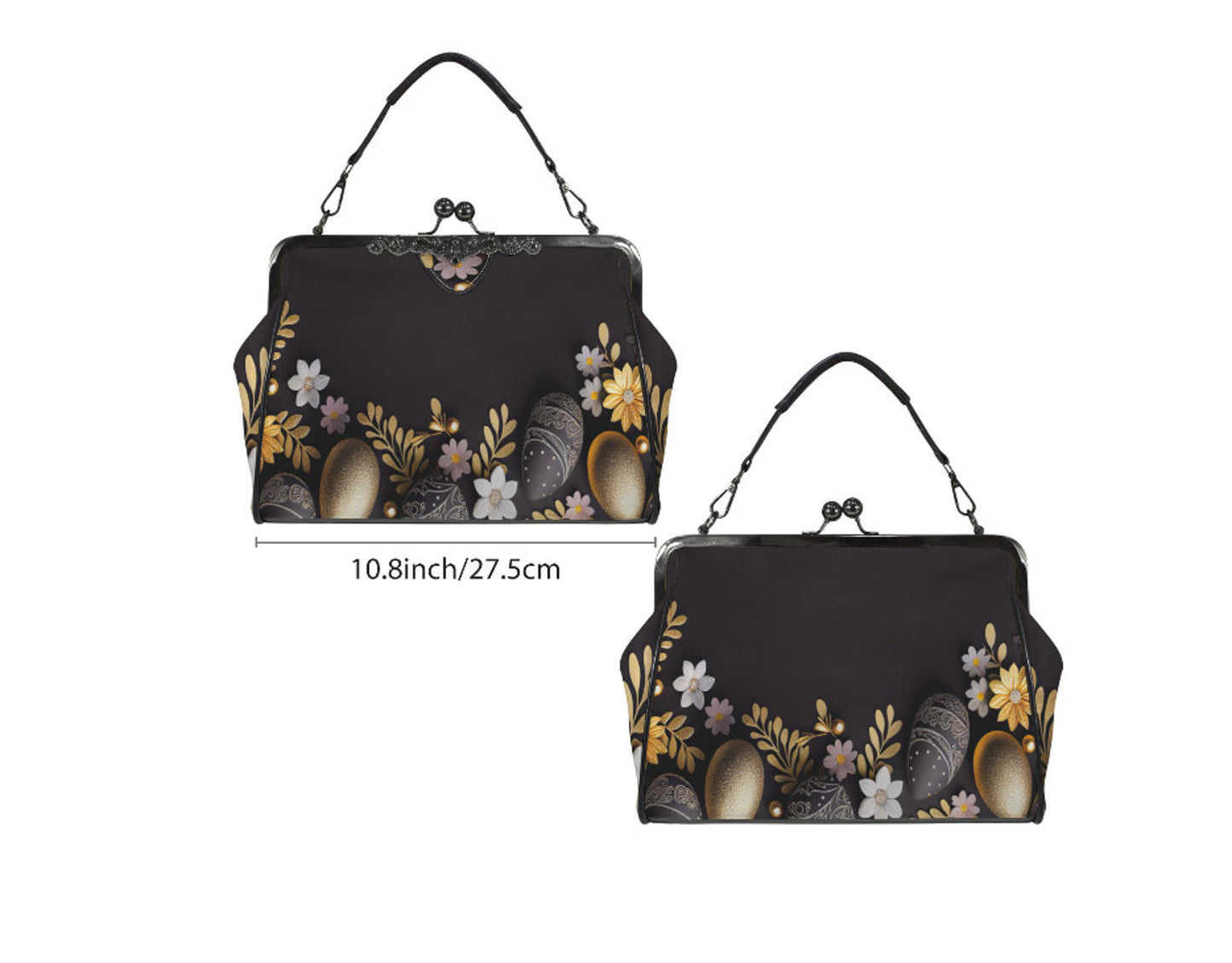 Glam Gold Black Glitter Spring Easter Egg Floral Shoulder Cross Body Bag Satchel Kisslock