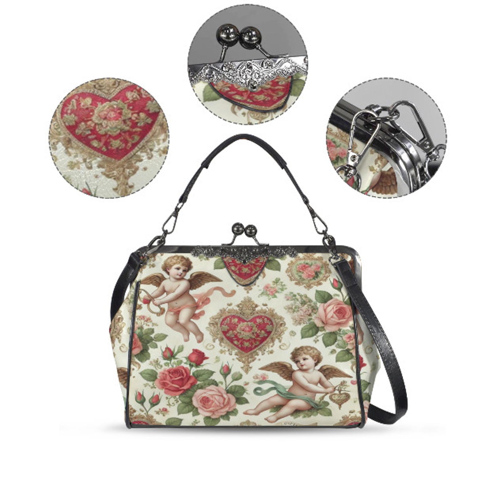 Victorian Heart Valentine's Day Cherub Rose Shoulder Cross Body Hand Bag Satchel Kisslock