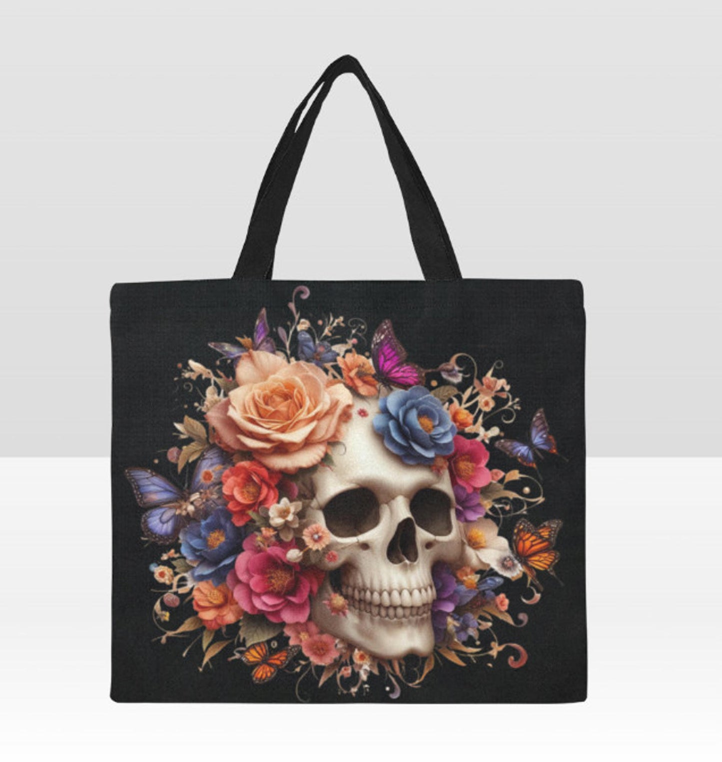 Flowers Butterflies Gothic  Sugar Skull Large Halloween Tote Bag 18"x15" TerrificTrend