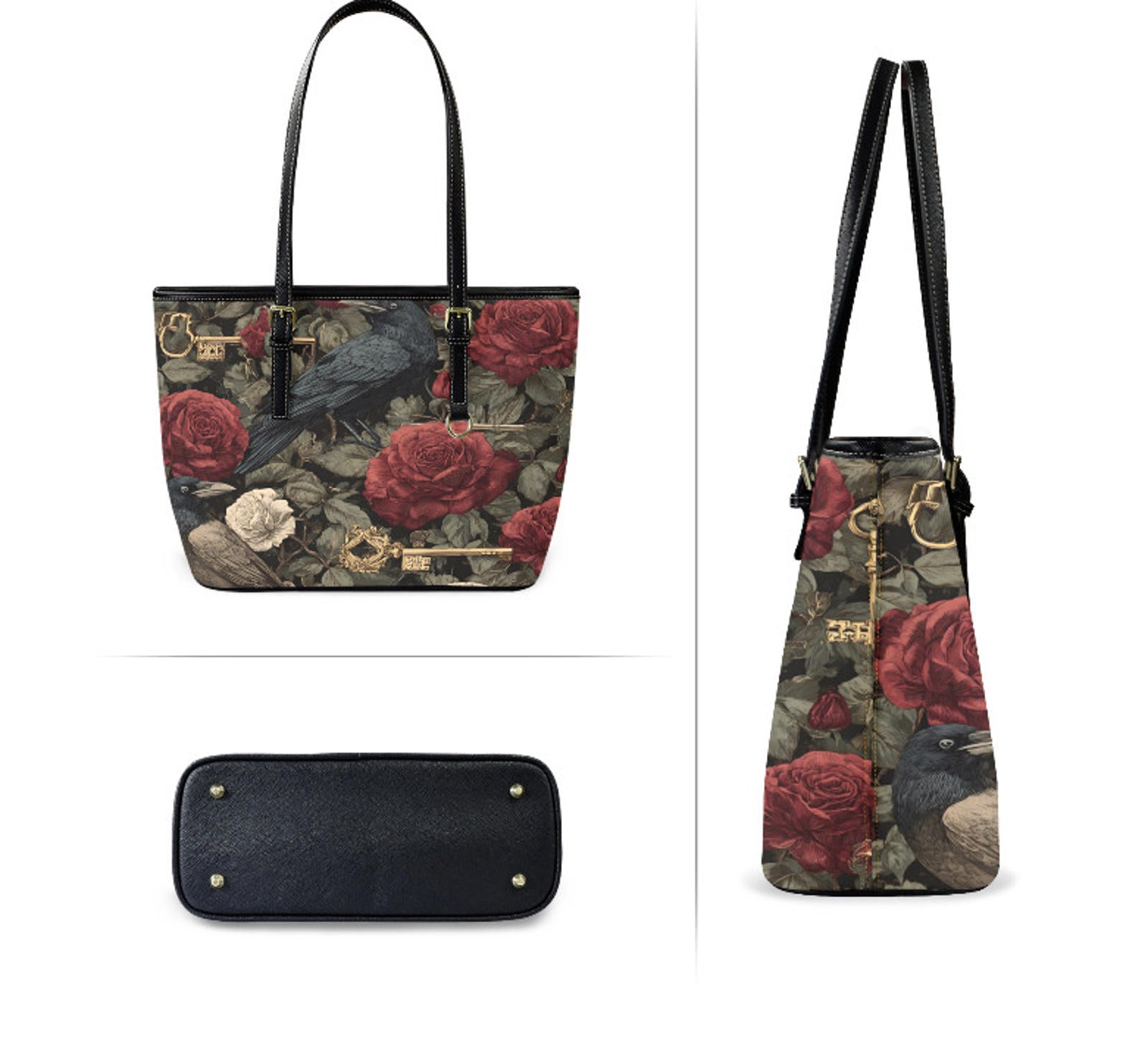 Custom Tote Hand Shoulder Bag 12 X 15 Gothic Victorian Crow Burgundy Roses NEW Terrifictrend