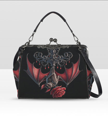 Dark Victorian Gothic Bat Red Rose Chandelier Shoulder Cross Body Bag Satchel Kisslock