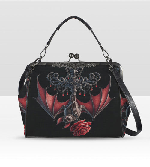 Dark Victorian Gothic Bat Red Rose Chandelier Shoulder Cross Body Bag Satchel Kisslock