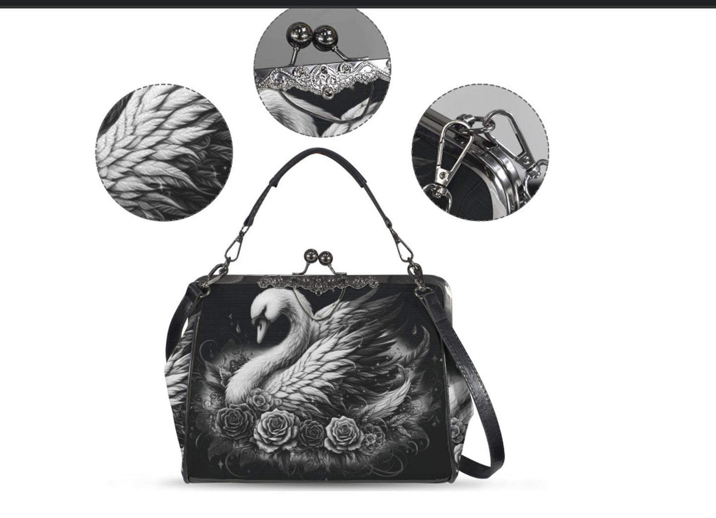 Dark Victorian Gothic White Swan Roses Shoulder Cross Body Bag Satchel Kisslock