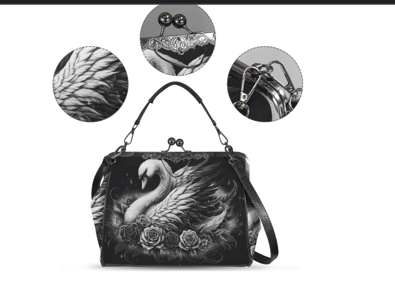 Dark Victorian Gothic White Swan Roses Shoulder Cross Body Bag Satchel Kisslock