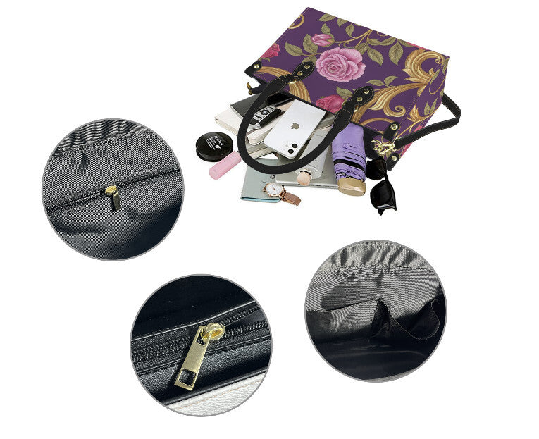 Victorian Purple Lavender Roses Gold Shoulder, Hand Bag, Satchel Floral Medium Terrific Trend