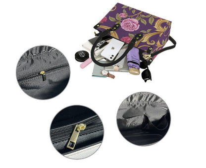 Victorian Purple Lavender Roses Gold Shoulder, Hand Bag, Satchel Floral Medium Terrific Trend