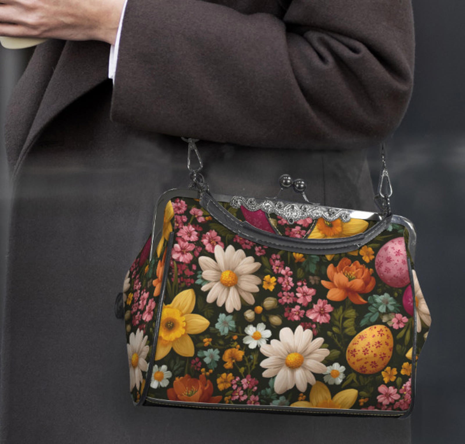 Elegant Floral Easter Egg Spring Art Design  Shoulder Cross Body Bag Satchel Kisslock