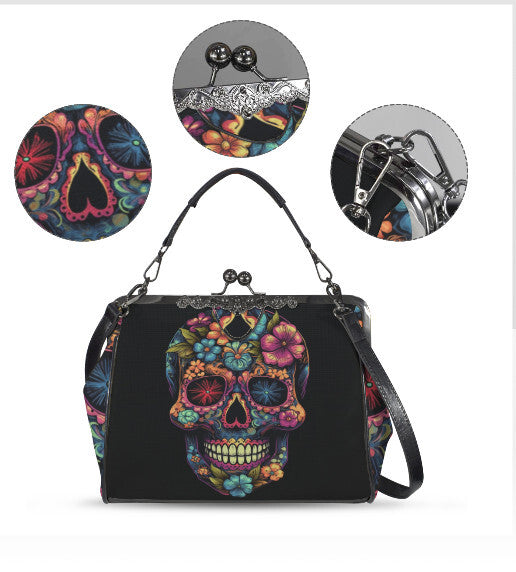 Sugar Skull Day of the Dead Halloween Floral Shoulder Cross Body Bag Satchel NEW Kisslock