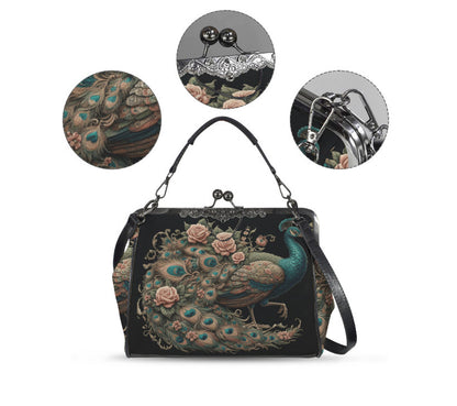 Dark Victorian Gothic Floral Roses Peacock Shoulder Cross Body Bag Satchel Kisslock