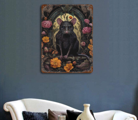 Rustic Gothic Botanical Animals Black Rat Metal Sign Victorian Wall Decor 8 x 12 Unbranded